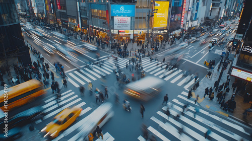 A bustling urban intersection with blurred cars and pedestrians under billboards.