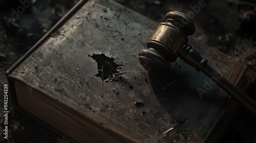 A textured, cracked book with a weathered wooden gavel resting on it, illuminated by dim, evocative light, creating a strong sense of history and authority. AI generated.