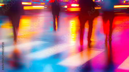A busy urban crosswalk at night with blurred figures moving through streaks of light from passing cars.