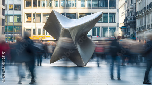 A busy urban square with blurred commuters hurrying past a modern sculpture.