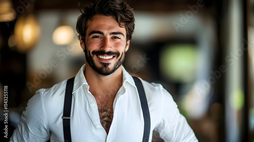 A charismatic man in suspenders and a crisp white shirt smiling broadly.