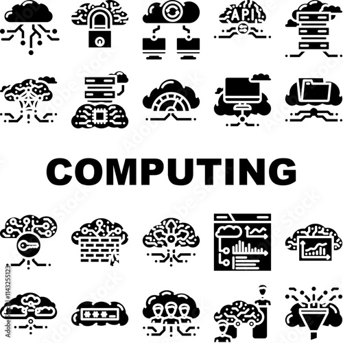 cloud computing virtualization icons set vector. scalability infrastructure, storage security, deployment automation, networking cloud computing virtualization glyph pictogram Illustrations