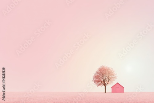 Serene landscape with a pink sky, a solitary tree, and a quaint house enhancing tranquility.