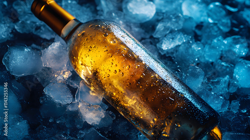 A chilled white wine bottle covered in condensation placed in a bed of crushed ice.