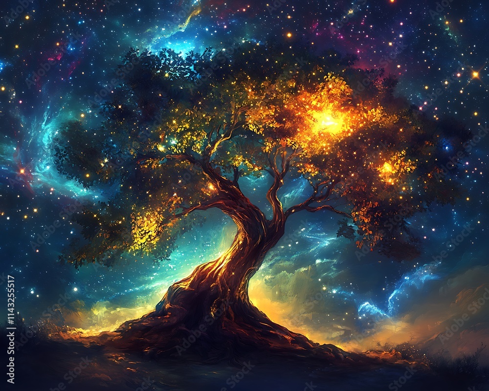 Obraz premium Celestial Tree Illuminated Against A Starry Night Sky