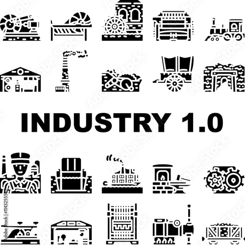 industry 1 industrialization icons set vector. mechanization steam, factories textiles, innovation, production machinery industry 1 industrialization glyph pictogram Illustrations