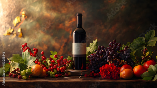 A chilled wine bottle in a metal stand surrounded by vibrant fruit and flowers.