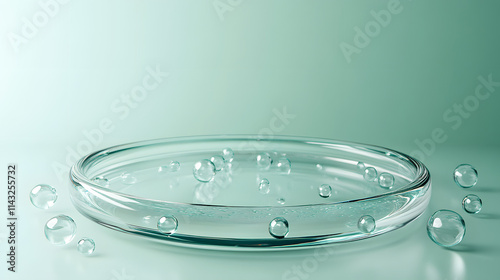 A circular glass podium encased in floating translucent bubbles on a soft mint background.