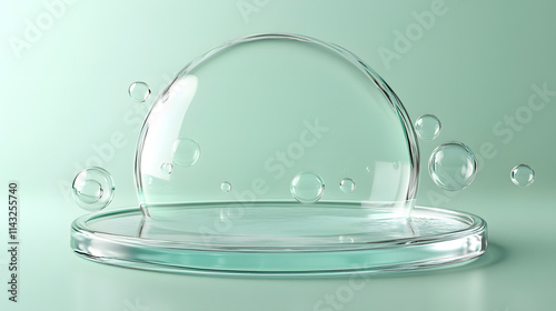 A circular glass podium encased in floating translucent bubbles on a soft mint background.