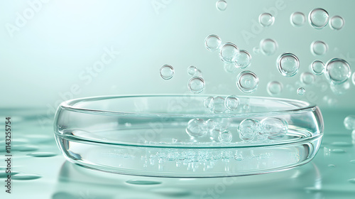 A circular glass podium encased in floating translucent bubbles on a soft mint background.