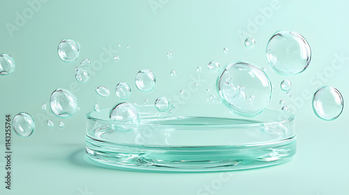 A circular glass podium encased in floating translucent bubbles on a soft mint background.