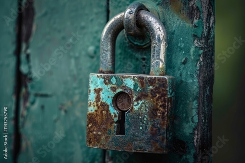 Old rusty padlock locking a green painted wooden door, symbolizing security and safety photo