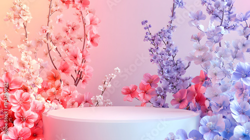 A circular podium surrounded by blooming flowers on a pastel gradient background.