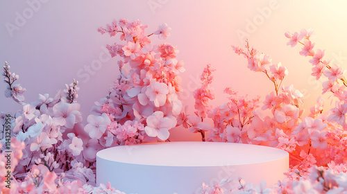 A circular podium surrounded by blooming flowers on a pastel gradient background.