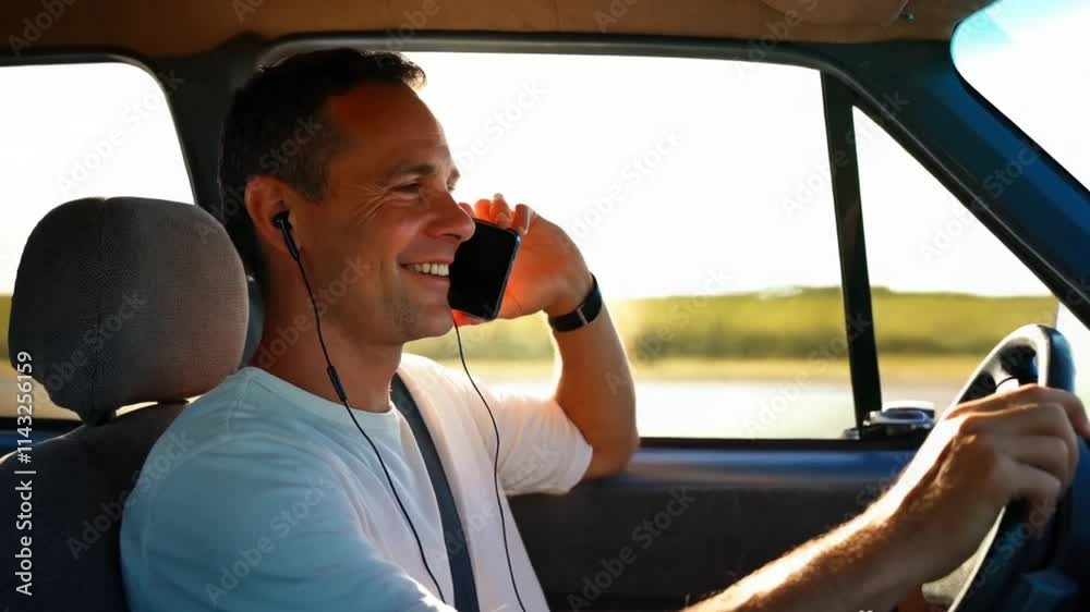 Joyride: Man on a phone call driving a car enjoying the sun. Joyride: Man on a phone call driving a car enjoying the sun.