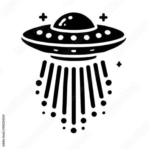 UFO Beam: A minimalist black and white illustration of a UFO emitting a beam of light, perfect for your sci-fi, extraterrestrial, or mystery designs. 