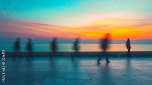 A coastal promenade with blurred walkers silhouetted against a glowing sunset.