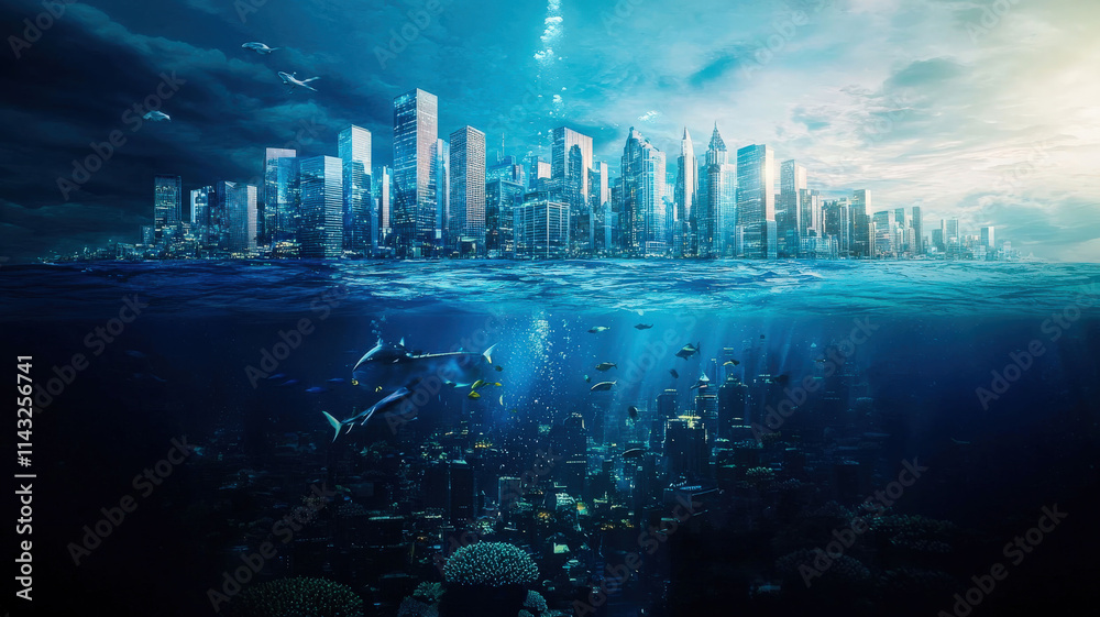Fototapeta premium A futuristic underwater city with glowing buildings and diverse marine life swimming around. A vibrant, sci-fi scene, perfect for ocean exploration, innovative cities