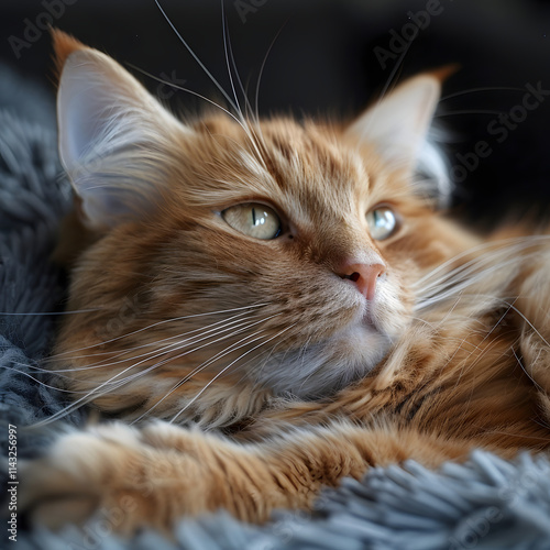 Close-Up Portrait of a Fluffy Orange Cat Resting 