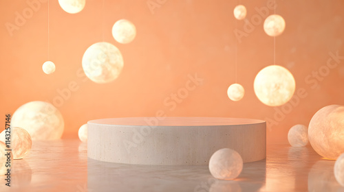 A concrete podium surrounded by floating lanterns on a soft pastel orange background.