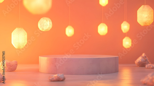 A concrete podium surrounded by floating lanterns on a soft pastel orange background.
