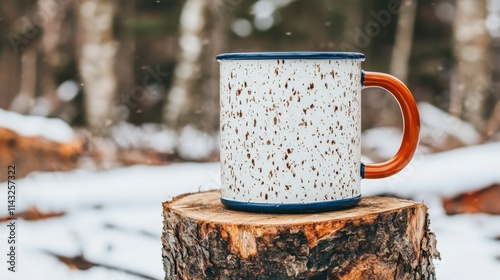 A rustic coffee mug perched on a tree stump in a snowy forest, evoking warmth and serenity amidst winterâ€™s chill. photo