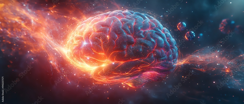 A futuristic brain hologram with spinning orbs of sound waves, vibrant colors, highly detailed, scifi style, cinematic lighting, immersive composition A futuristic brain hologram with spinning orbs of sound waves, vibrant colors, highly detailed, scifi style, cinematic lighting, immersive composition