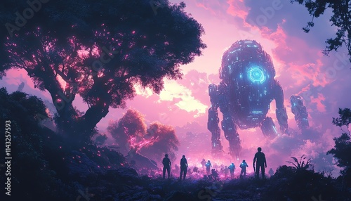 A futuristic Earth Day collaboration featuring people planting trees with robotic assistants, vibrant ecoforest environment, glowing neon accents, ultradetailed scifi style photo