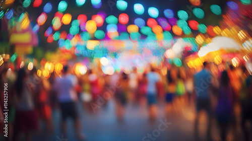 A crowded festival street with blurred dancers spinning in colorful lights.