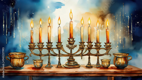 Colorful Hanukkah Menorah with Festive Decorations

