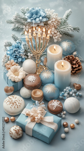 A detailed flat-lay of Hanukkah essentials including a menorah with all candles lit, dreidels, chocolate gelt, and small wrapped presents, arranged on a textured tablecloth photo