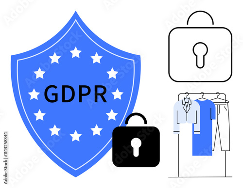 GDPR shield emblem with stars, padlock icons representing data security and protection. Clothes rack hinting at privacy concerns. Ideal for data privacy, cybersecurity, law compliance, online