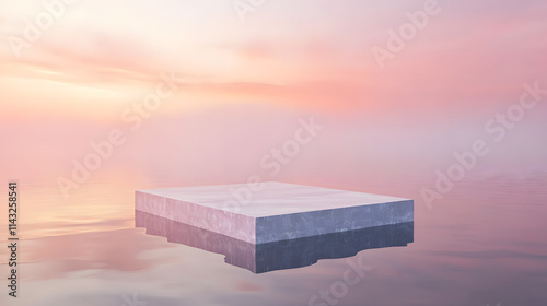 A crystal-clear podium floating in a tranquil lake under a pink-hued sunrise.