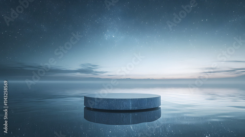 A crystal-clear podium floating on a tranquil sea under a starry sky.