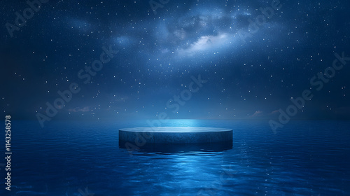 A crystal-clear podium floating on a tranquil sea under a starry sky.