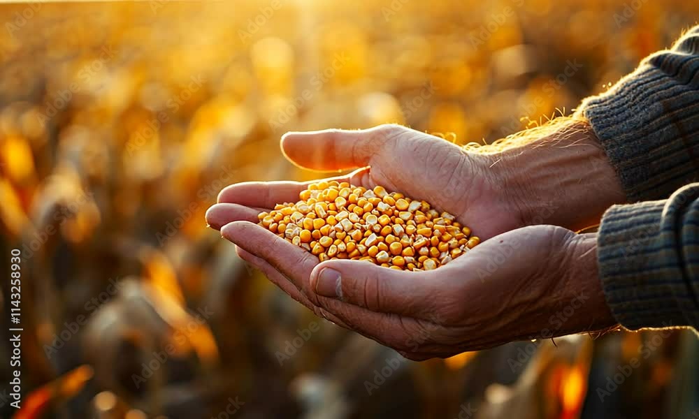 Hands holding corn kernels against a golden field backdrop. Hands holding corn kernels against a golden field backdrop.