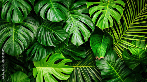 A softly blurred background of bright green leaves, evoking a sense of lush tropical growth. Perfect for nature, greenery, and tropical-themed content, with vibrant, fresh foliage