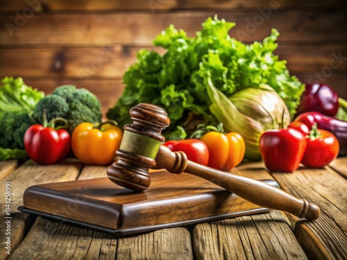 Macro lens reveals gavel, legal texts, vibrant fruits; farm-to-table law's impact.