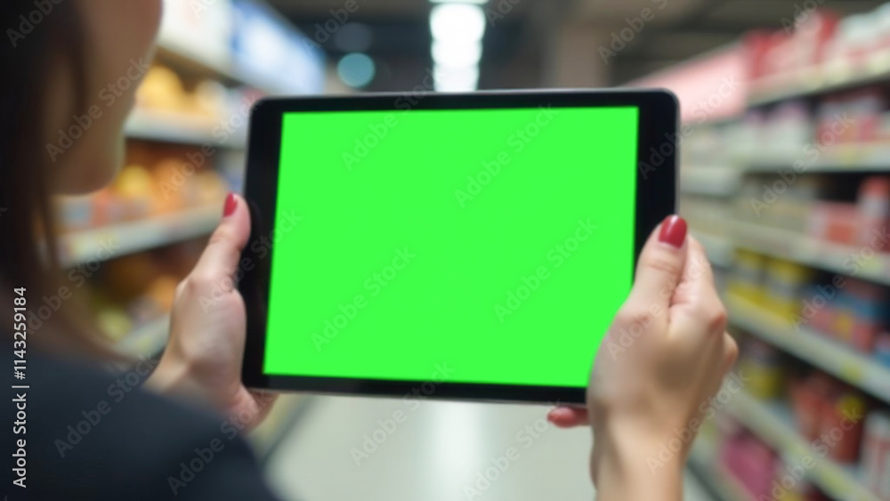 hands of a woman with a red manicure hold a tablet with a green chroma key screen in a store, hypermarket. Layout with place for text, for advertising. shelves with goods in the background hands of a woman with a red manicure hold a tablet with a green chroma key screen in a store, hypermarket. Layout with place for text, for advertising. shelves with goods in the background