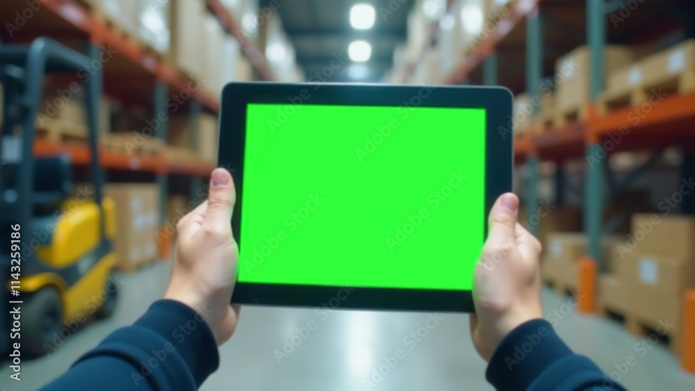 close-up, worker's hands holding a tablet with a green chromakey screen against the background of a warehouse with high racks. Layout with place for text. background there are racks and a loader close-up, worker's hands holding a tablet with a green chromakey screen against the background of a warehouse with high racks. Layout with place for text. background there are racks and a loader