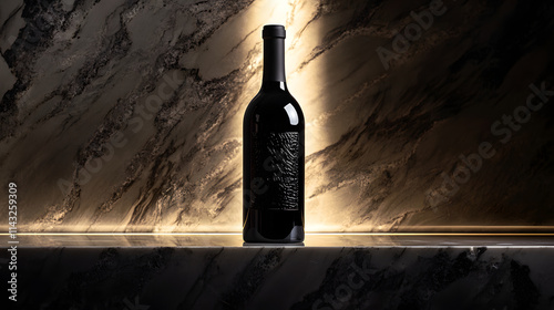 A dark wine bottle with a luxurious embossed label resting on a glossy marble slab.