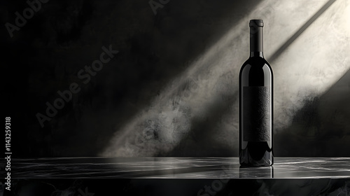 A dark wine bottle with a luxurious embossed label resting on a glossy marble slab.