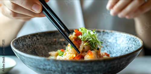 A closeup of hands using chopsticks to pick up food from an elegant round ceramic bowl with visible texture and the edge slightly raised for accent showcasing fine photo