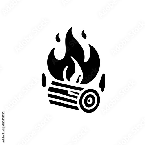 Burning Log Icon: A simple yet powerful icon of a burning log with flames, perfect for representing warmth, energy, and passion.  