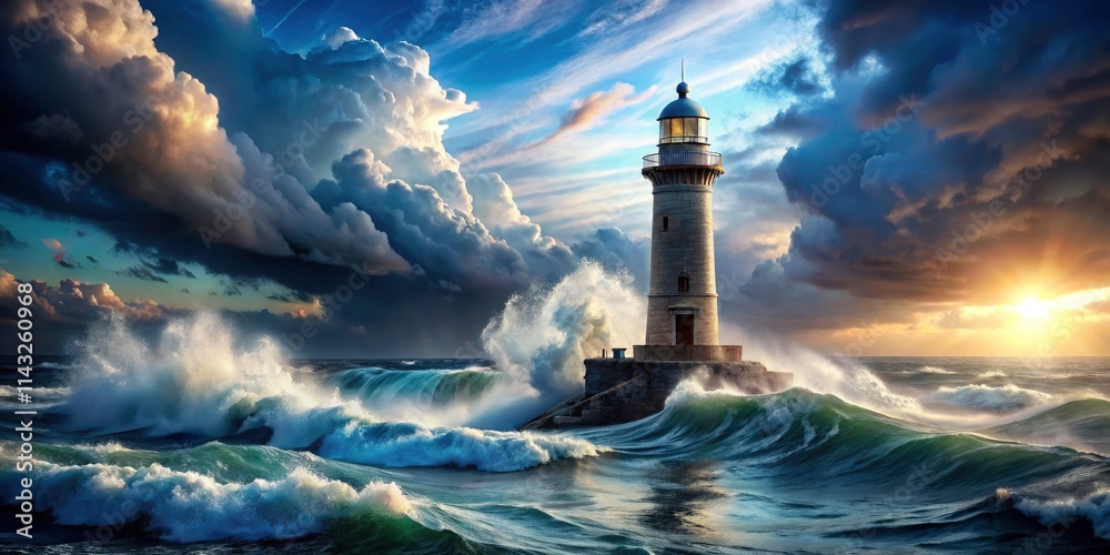 Stormy sea crashes against a lone lighthouse, a breathtaking blue sky and cloud canvas above. Stormy sea crashes against a lone lighthouse, a breathtaking blue sky and cloud canvas above.