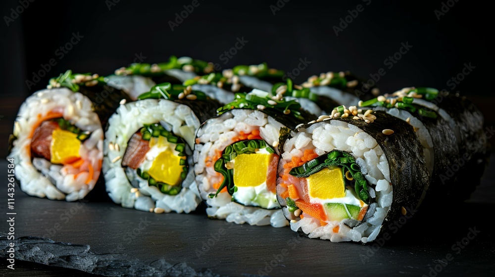 Five delectable Kimbap sushi rolls filled with vegetables, fish, and sesame seeds.