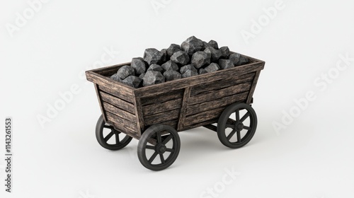 A wooden cart filled with black rocks, likely representing coal for industrial use.