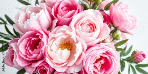 A beautiful arrangement of pink peonies and roses in full bloom with empty space for text, petals, elegance