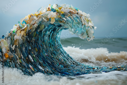 Ocean wave made of plastic, concept of plastic polluting the sea