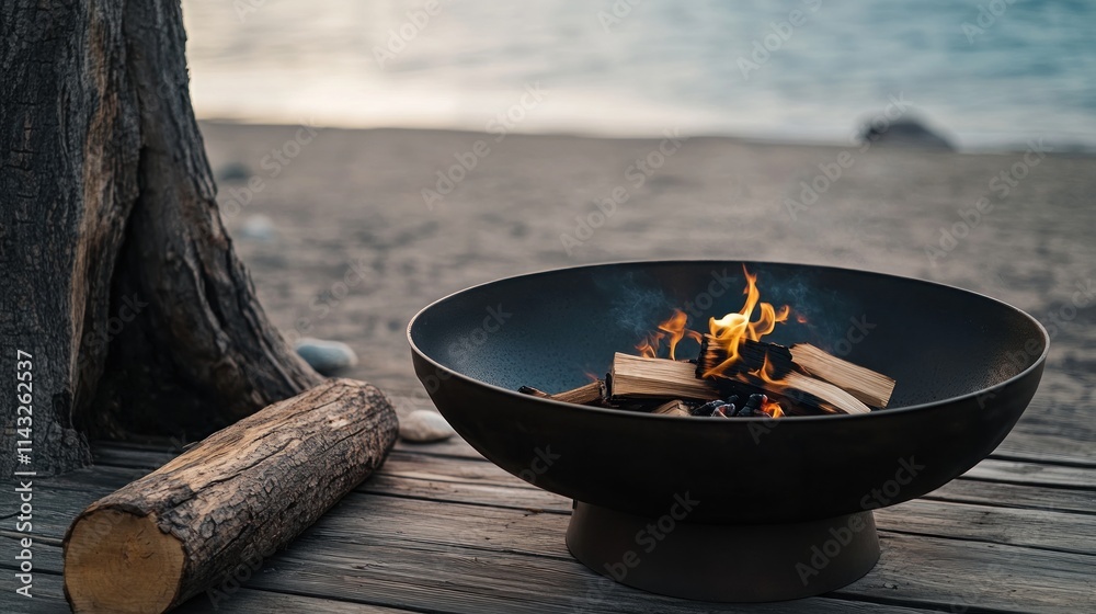 Beach bonfire in a metal bowl at sunset. Beach bonfire in a metal bowl at sunset.